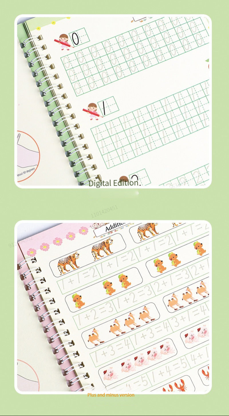 4 Books English Copybook Pen Magic Copy Book Auto Disappear Ink Children Writing Sticker Practice for Kids Enlightenment Gift