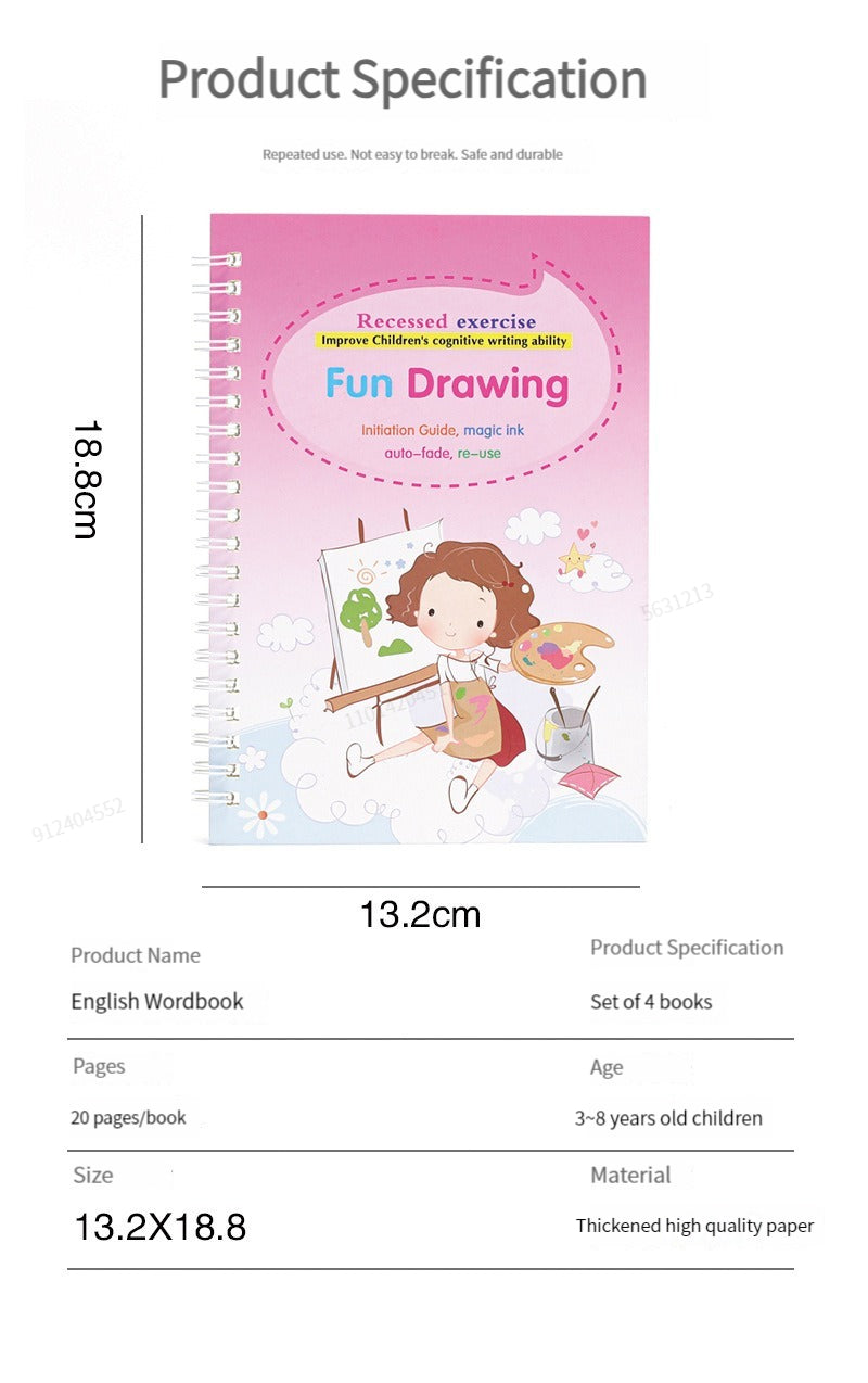 4 Books English Copybook Pen Magic Copy Book Auto Disappear Ink Children Writing Sticker Practice for Kids Enlightenment Gift