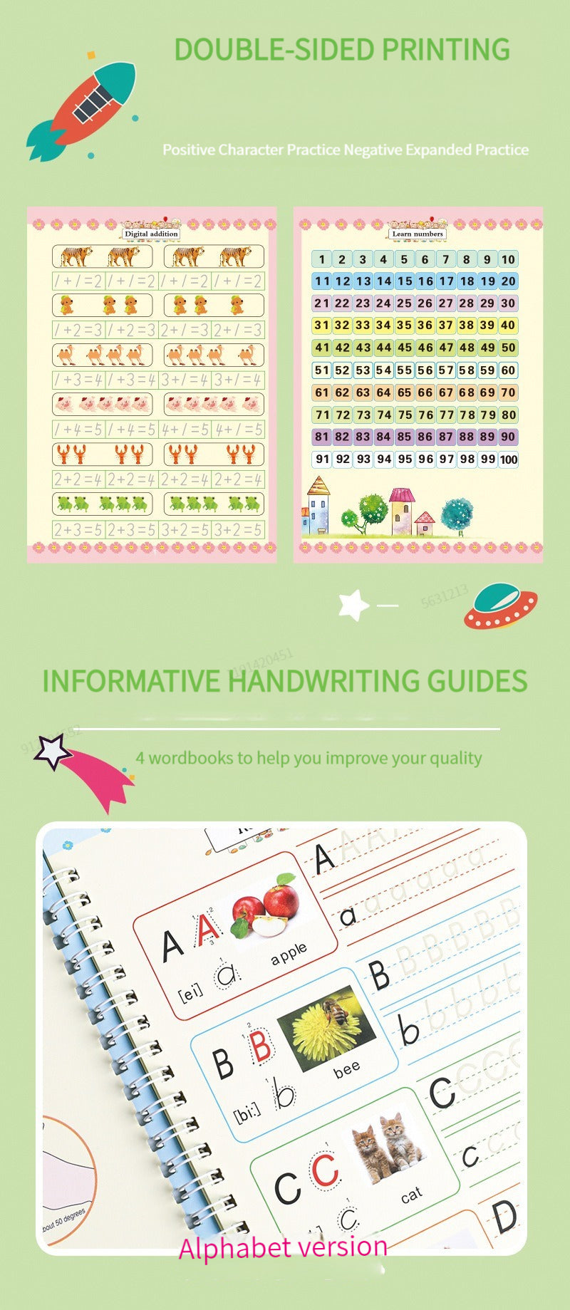 4 Books English Copybook Pen Magic Copy Book Auto Disappear Ink Children Writing Sticker Practice for Kids Enlightenment Gift