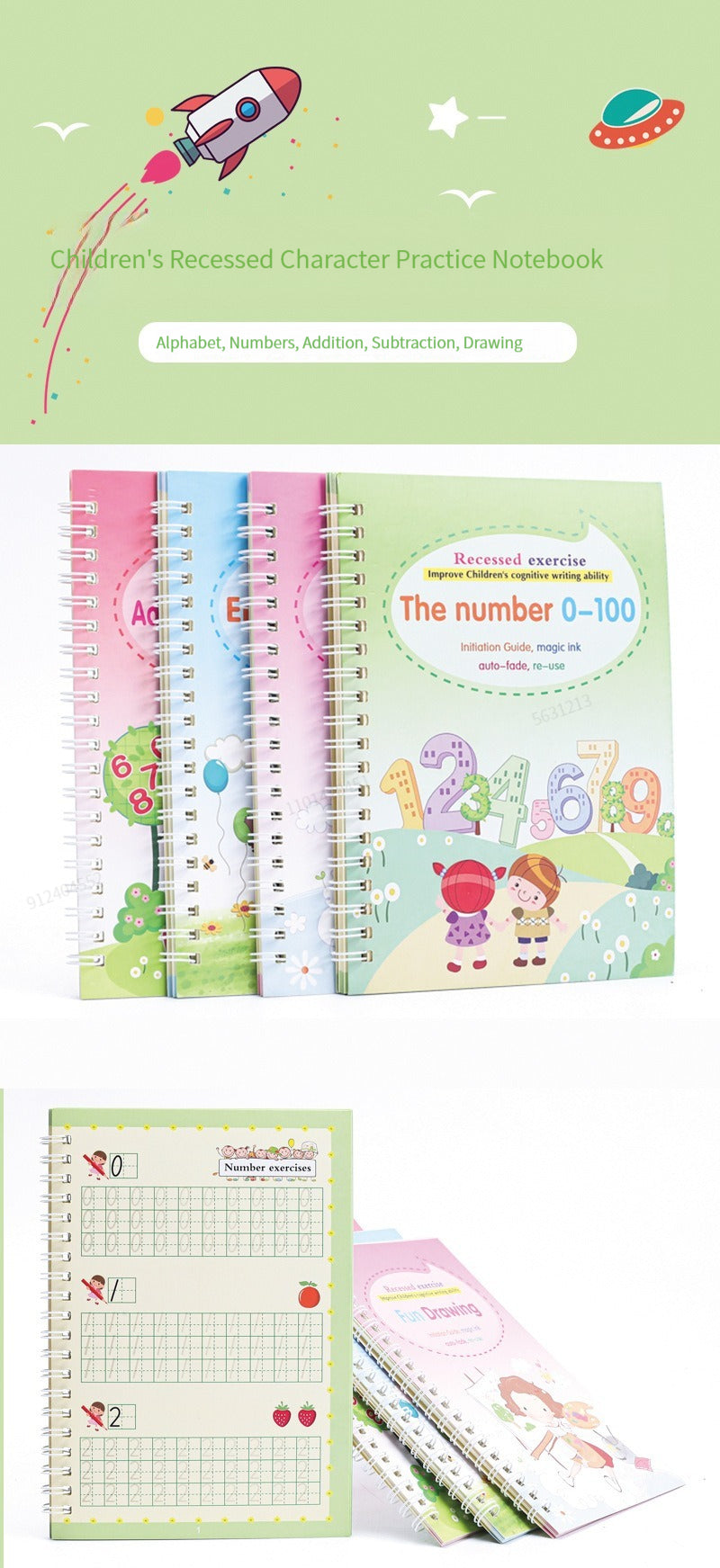 4 Books English Copybook Pen Magic Copy Book Auto Disappear Ink Children Writing Sticker Practice for Kids Enlightenment Gift