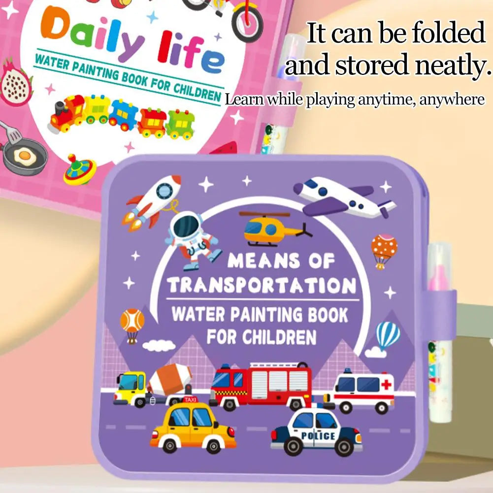 Kids Magic Water Painting Book Reusable Water Graffiti Book Animal/Sea/Transport Theme Education Toy Water Pen Art Supplies