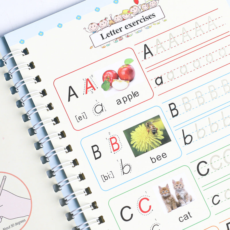 4 Books English Copybook Pen Magic Copy Book Auto Disappear Ink Children Writing Sticker Practice for Kids Enlightenment Gift