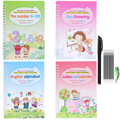 4 Books English Copybook Pen Magic Copy Book Auto Disappear Ink Children Writing Sticker Practice for Kids Enlightenment Gift