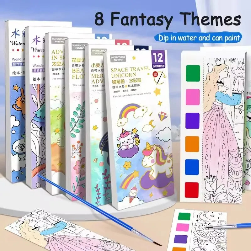 Magic Watercolor Coloring Book for Kids 12 Sheets Graffiti Painting Notebook with Paint Brush Water-Activated Gouache Drawing