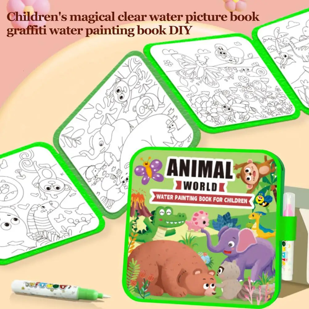 Kids Magic Water Painting Book Reusable Water Graffiti Book Animal/Sea/Transport Theme Education Toy Water Pen Art Supplies