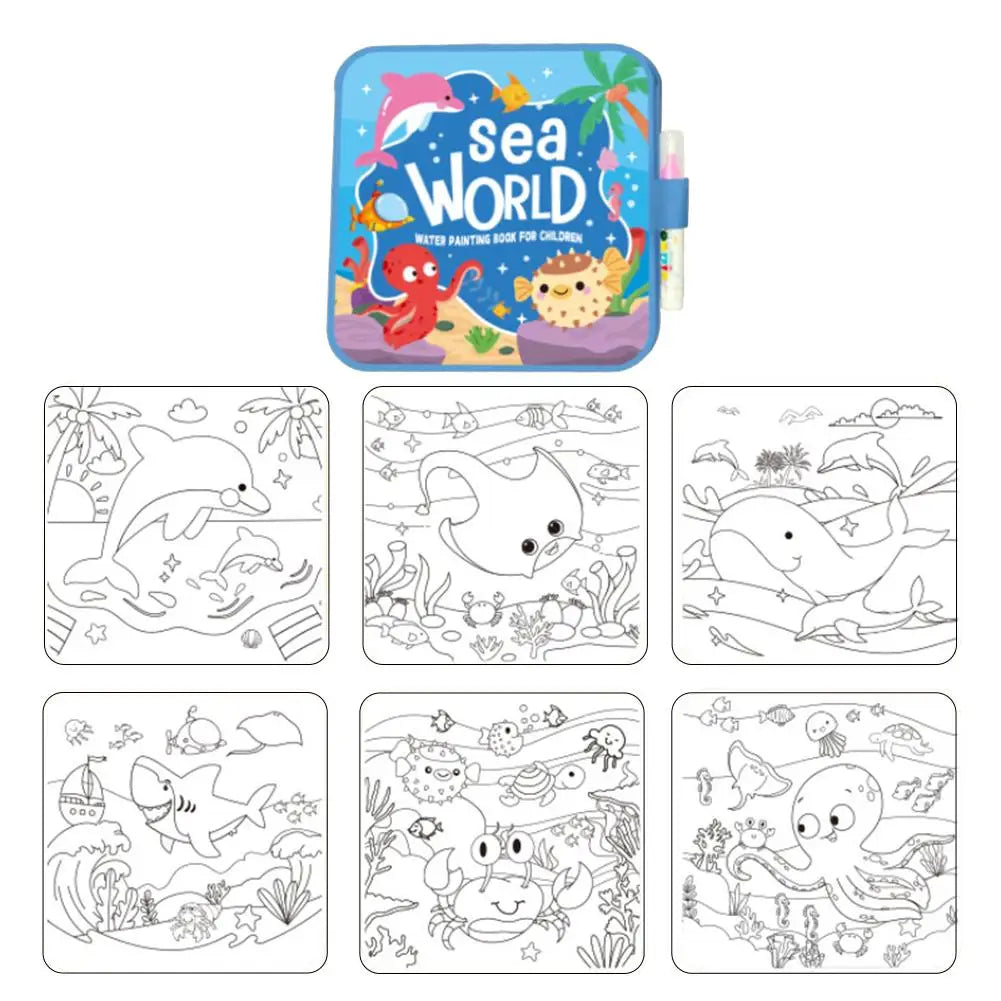 Kids Magic Water Painting Book Reusable Water Graffiti Book Animal/Sea/Transport Theme Education Toy Water Pen Art Supplies