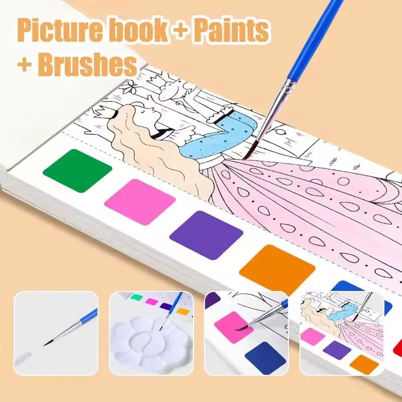 Magic Watercolor Coloring Book for Kids 12 Sheets Graffiti Painting Notebook with Paint Brush Water-Activated Gouache Drawing