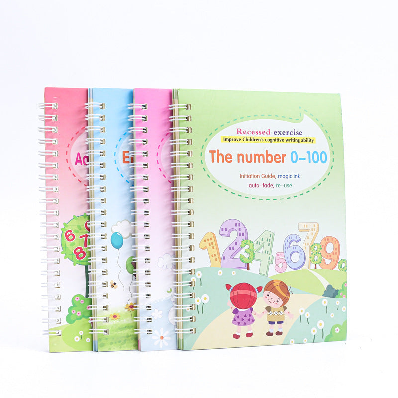 4 Books English Copybook Pen Magic Copy Book Auto Disappear Ink Children Writing Sticker Practice for Kids Enlightenment Gift