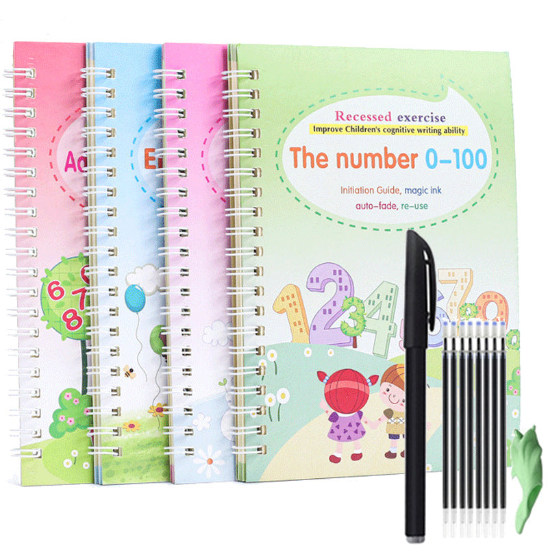 4 Books English Copybook Pen Magic Copy Book Auto Disappear Ink Children Writing Sticker Practice for Kids Enlightenment Gift