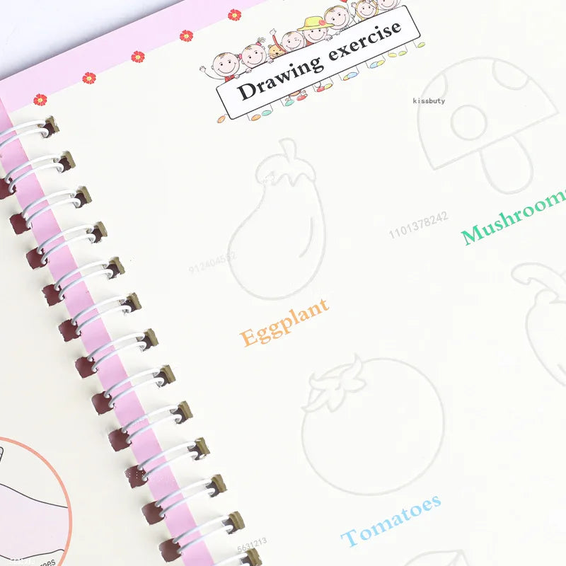4 Books English Copybook Pen Magic Copy Book Auto Disappear Ink Children Writing Sticker Practice for Kids Enlightenment Gift