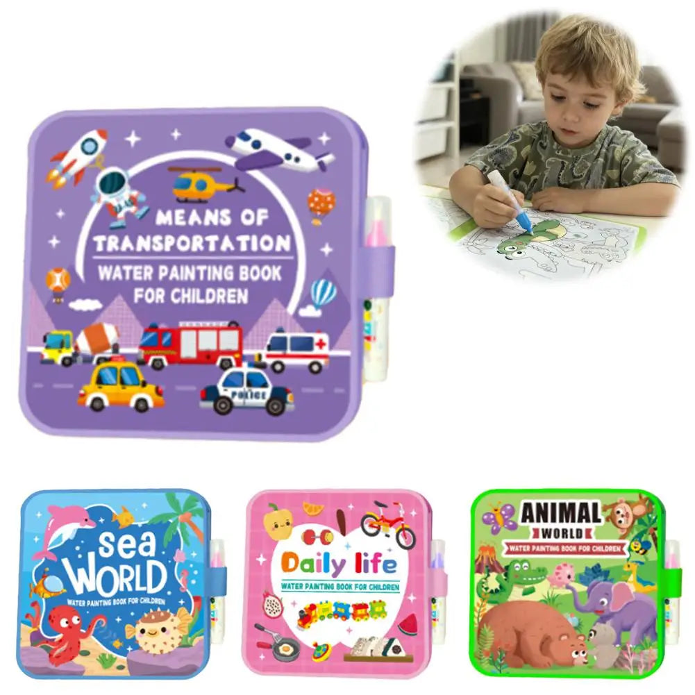 Kids Magic Water Painting Book Reusable Water Graffiti Book Animal/Sea/Transport Theme Education Toy Water Pen Art Supplies