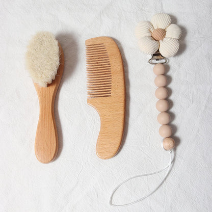 Baby Comb Brush Set Newborn Gift Set Natural Wool Beech Wooden Comb Baby Bib Pacifier Clip Kids Baby Hair Brush