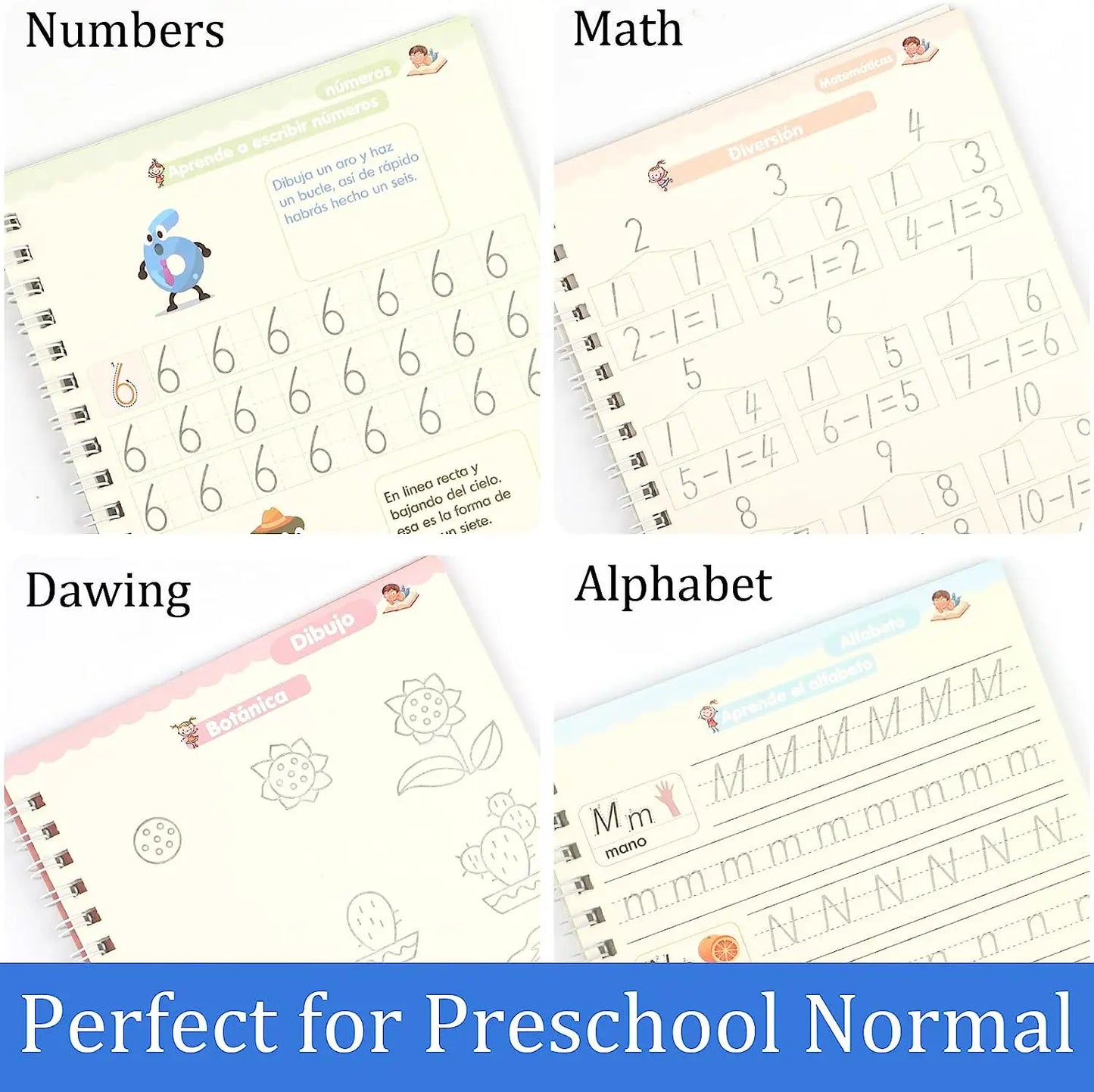 4 Books Magic Writing Book In Spanish Calligraphy Notebook Montessori Kids Reusable Educational Calligraphic Letter Practice Toy