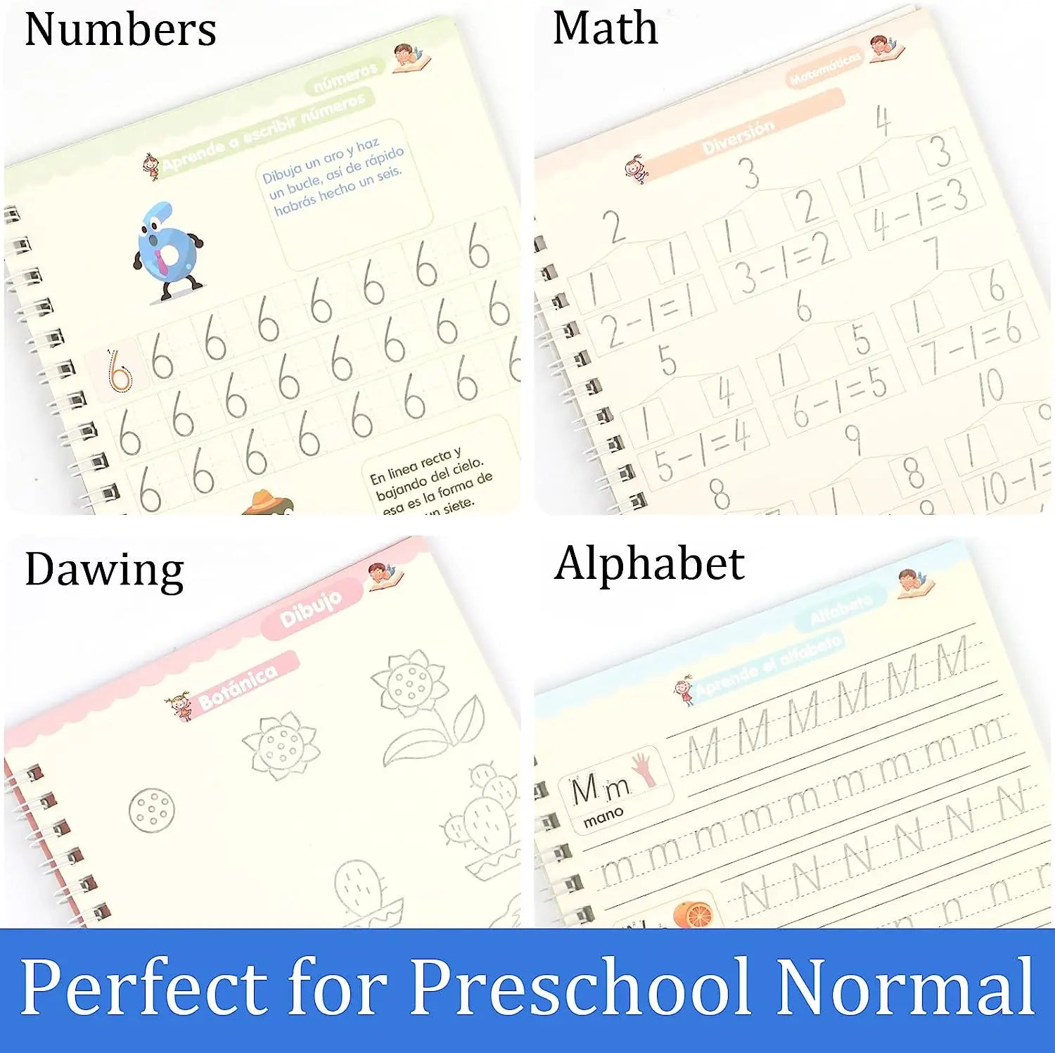 4 Books Magic Writing Book In Spanish Calligraphy Notebook Montessori Kids Reusable Educational Calligraphic Letter Practice Toy