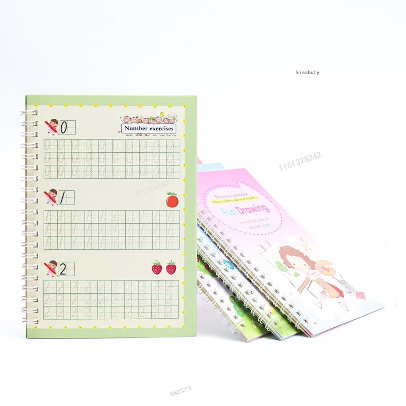 4 Books English Copybook Pen Magic Copy Book Auto Disappear Ink Children Writing Sticker Practice for Kids Enlightenment Gift