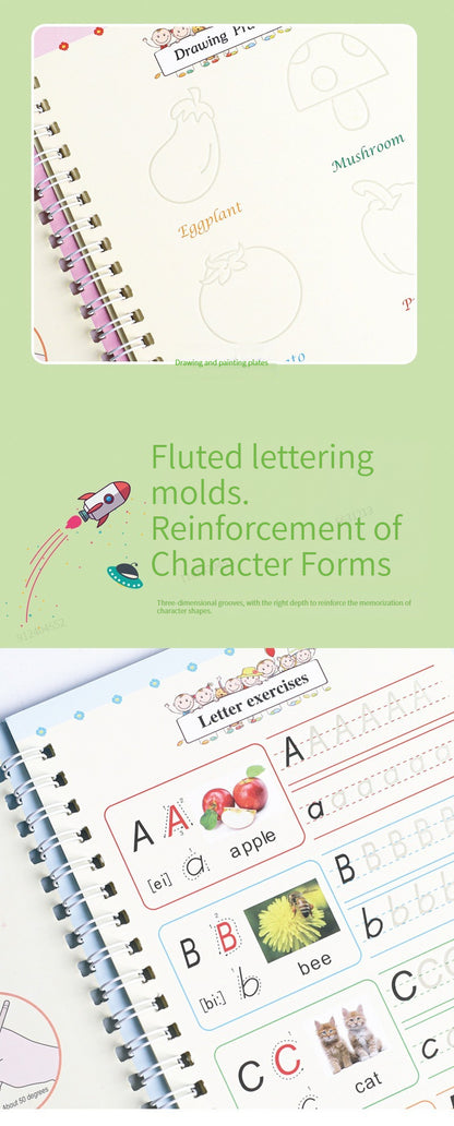 4 Books English Copybook Pen Magic Copy Book Auto Disappear Ink Children Writing Sticker Practice for Kids Enlightenment Gift
