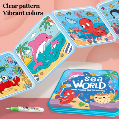 Kids Magic Water Painting Book Reusable Water Graffiti Book Animal/Sea/Transport Theme Education Toy Water Pen Art Supplies